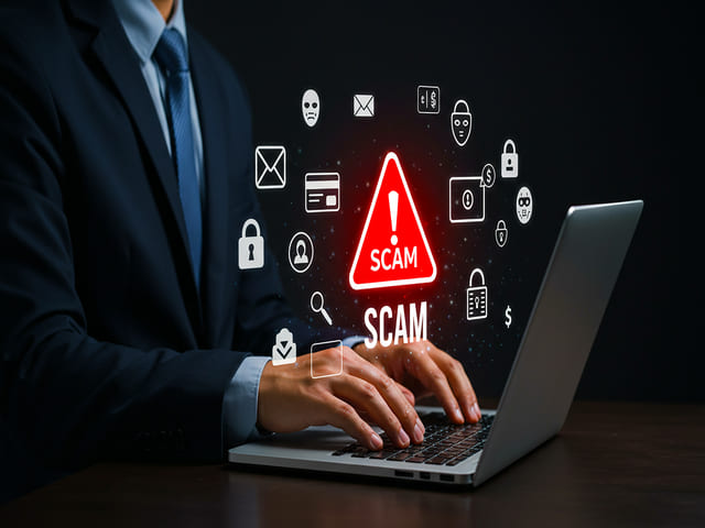 Man on computer avoiding being scammed
